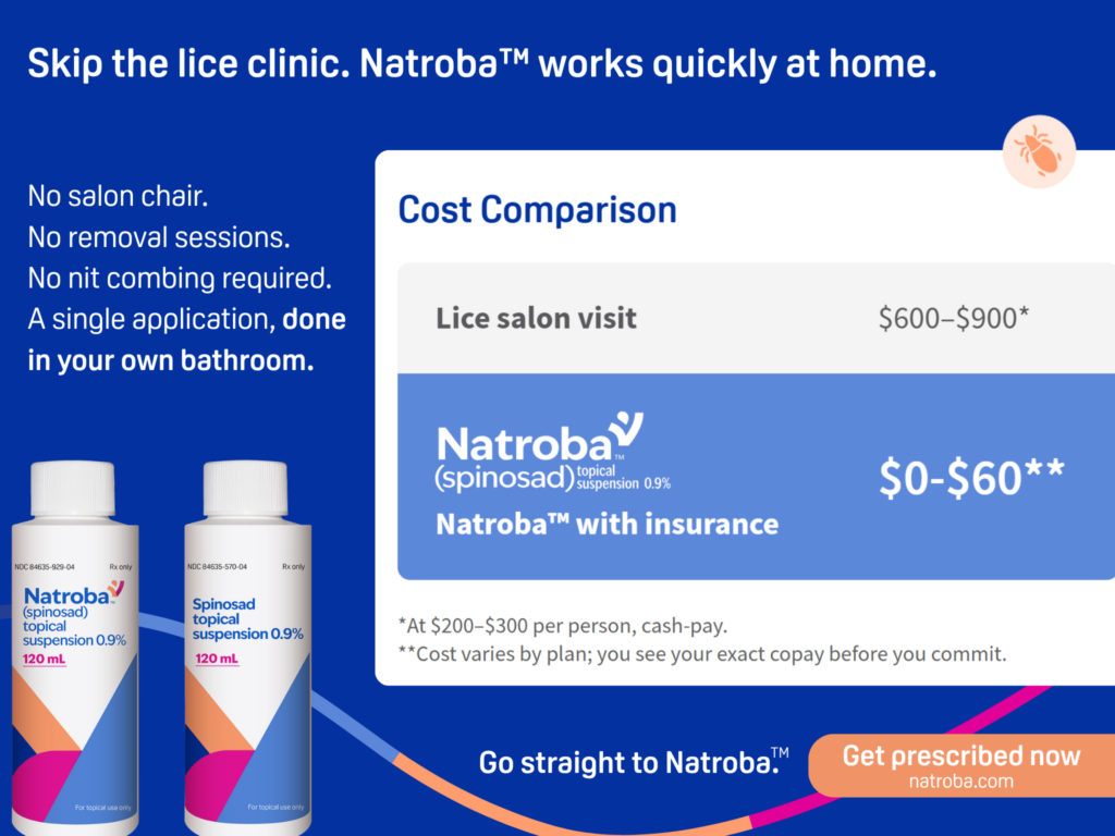 Natroba advertisement highlighting cost comparison between a $600–$900 lice salon visit and Natroba with insurance at $0–$60, with product bottles and a "Get prescribed now" call to action.