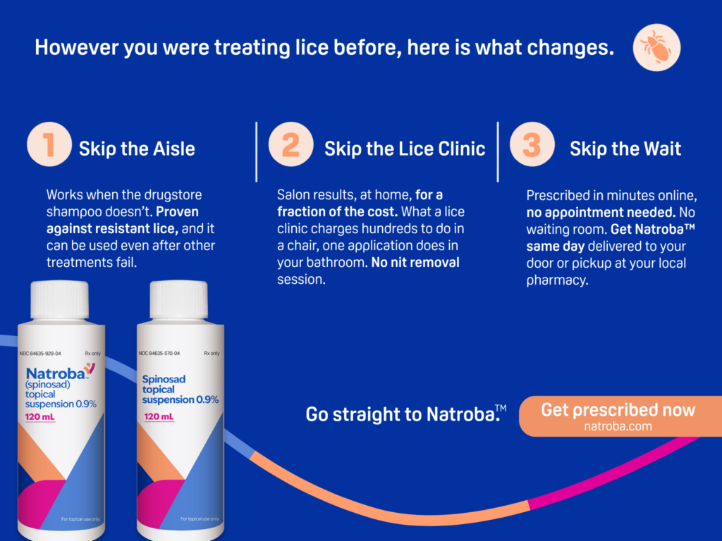 Natroba advertisement outlining three benefits: skip the pharmacy aisle, skip the lice clinic and skip the wait, with product bottles and a "Get prescribed now" call to action.