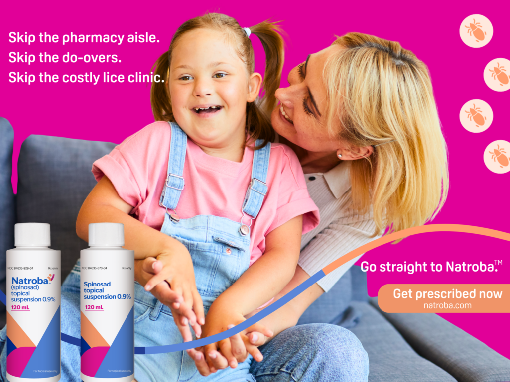 Natroba advertisement showing a smiling child sitting with a woman, with messaging about skipping the pharmacy aisle, do-overs and costly lice clinics. Natroba and spinosad topical suspension bottles appear at the bottom alongside a "Get prescribed now" call to action.