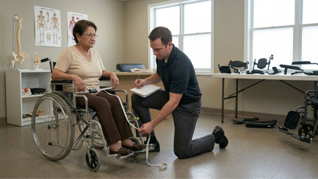 A man measures a woman in a wheelchair in a clinical setting