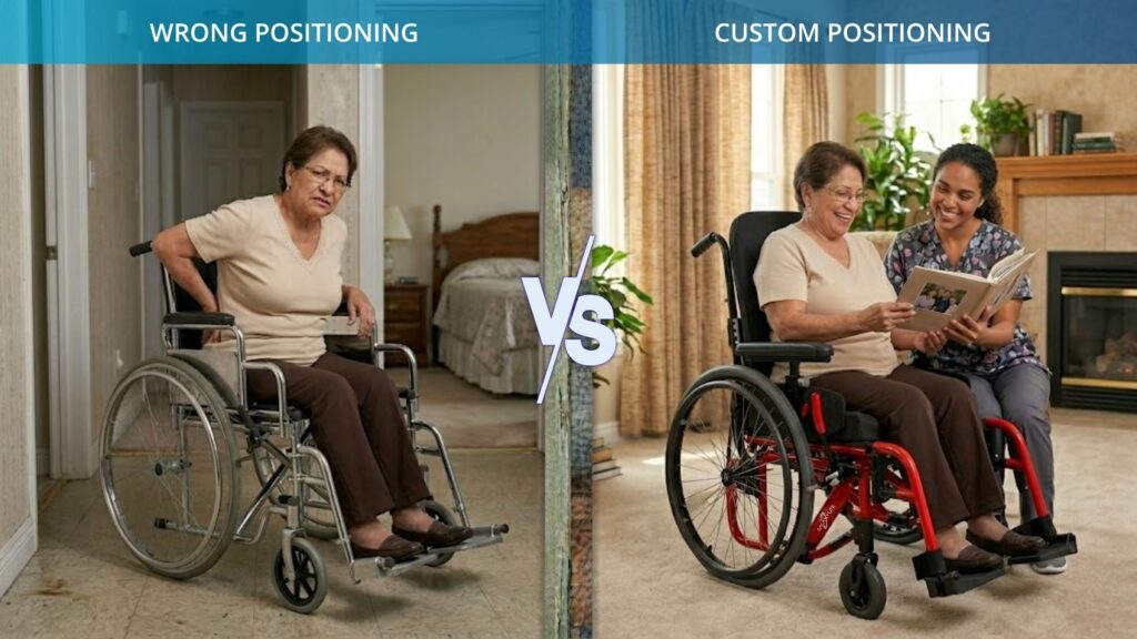 A side-by-side comparison or wrong and custom wheelchair positioning is shown. In the wrong positioning side, a woman looks unhappy and rubs her back in her wheelchair. In the custom positioning the same woman is smiling and reading a photo album with her caretaker.