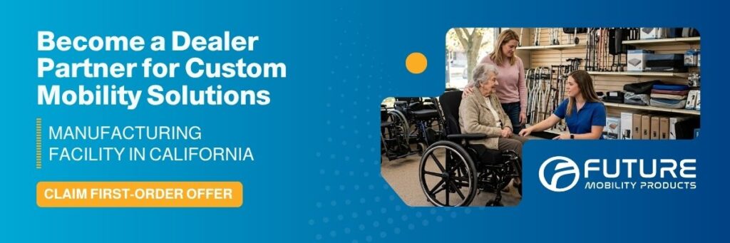It reads "Become a Dealer Partner for Custom Mobility Solutions. Manufacturing Facility in California. Claim first-order offer. Future Mobility Products