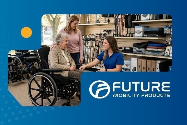 Future Mobility Products banner featuring a wheelchair user consulting with two mobility professionals in a medical equipment store.