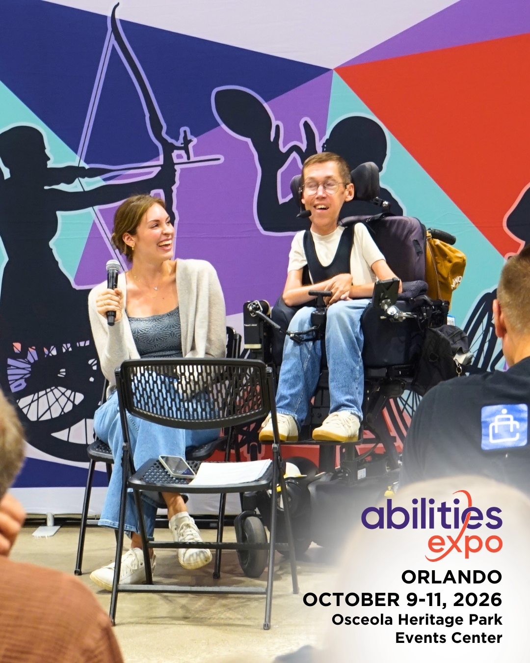 An image of Hannah and Shane Burcaw speaking. The bottom right corner reads "abilities expo, Orlando, August 9-11, ORLANDO OCTOBER 9-11, 2026, Osceola Heritage Park Events Center."