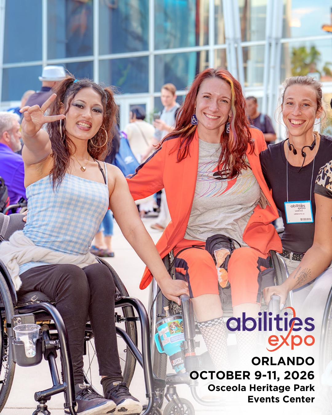 3 attendees smile and pose for a photo. The bottom right corner reads "abilities expo, Orlando, August 9-11, ORLANDO OCTOBER 9-11, 2026, Osceola Heritage Park Events Center."