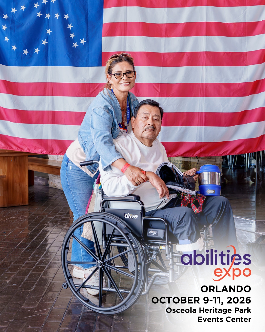 Two smiling attendees pose in front of the Abilities Expo America flag. The bottom right corner reads "abilities expo, Orlando, August 9-11, ORLANDO OCTOBER 9-11, 2026, Osceola Heritage Park Events Center."