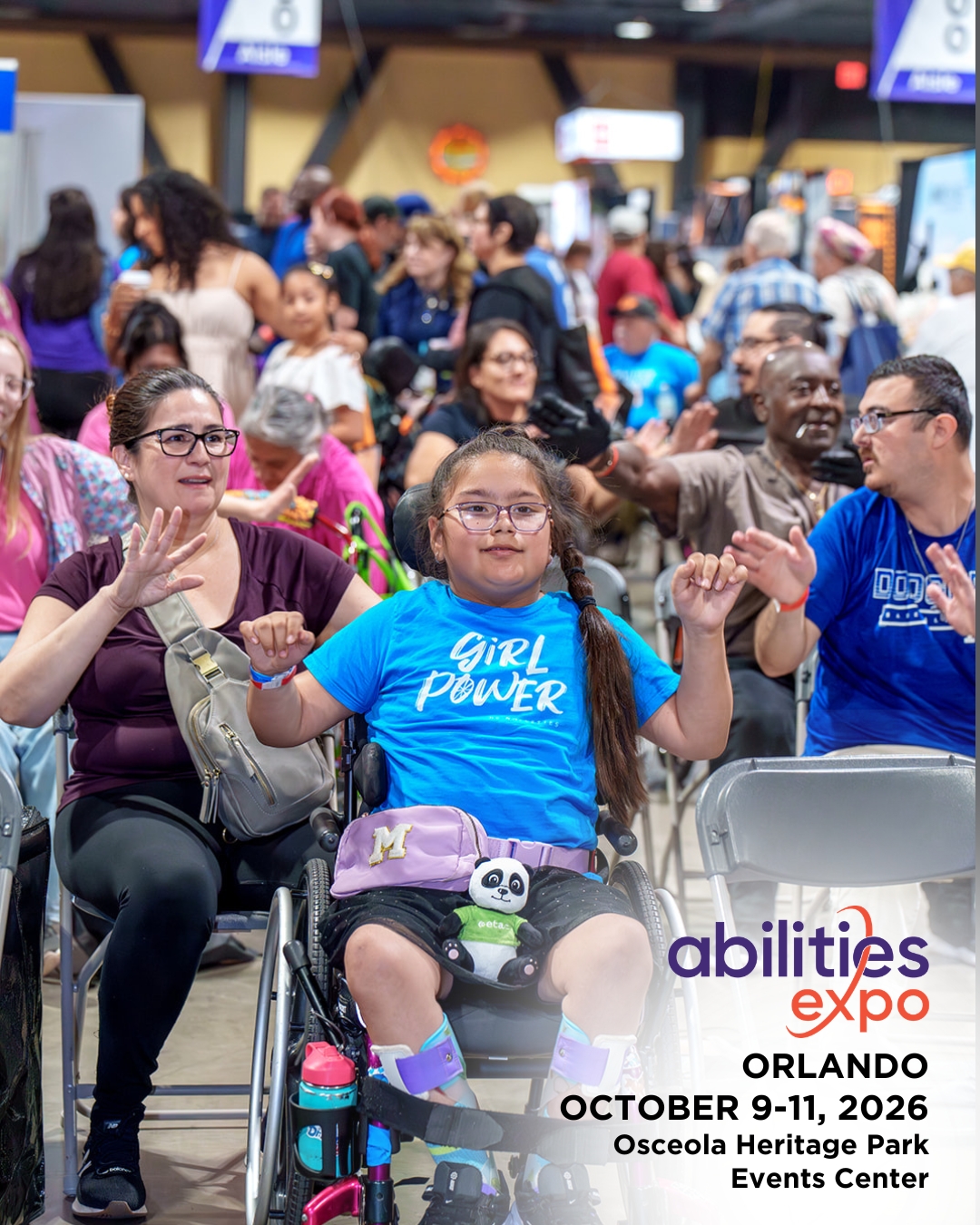 A crowd of Abilities Expo attendees cheer. The bottom right corner reads "abilities expo, Orlando, August 9-11, ORLANDO OCTOBER 9-11, 2026, Osceola Heritage Park Events Center."
