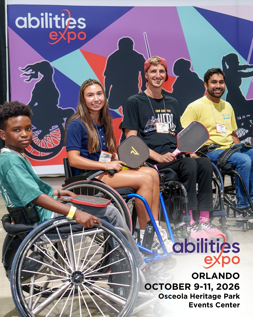 A group of Abilities Expo attendees smile for the camera. The bottom right corner reads "abilities expo, Orlando, August 9-11, ORLANDO OCTOBER 9-11, 2026, Osceola Heritage Park Events Center."