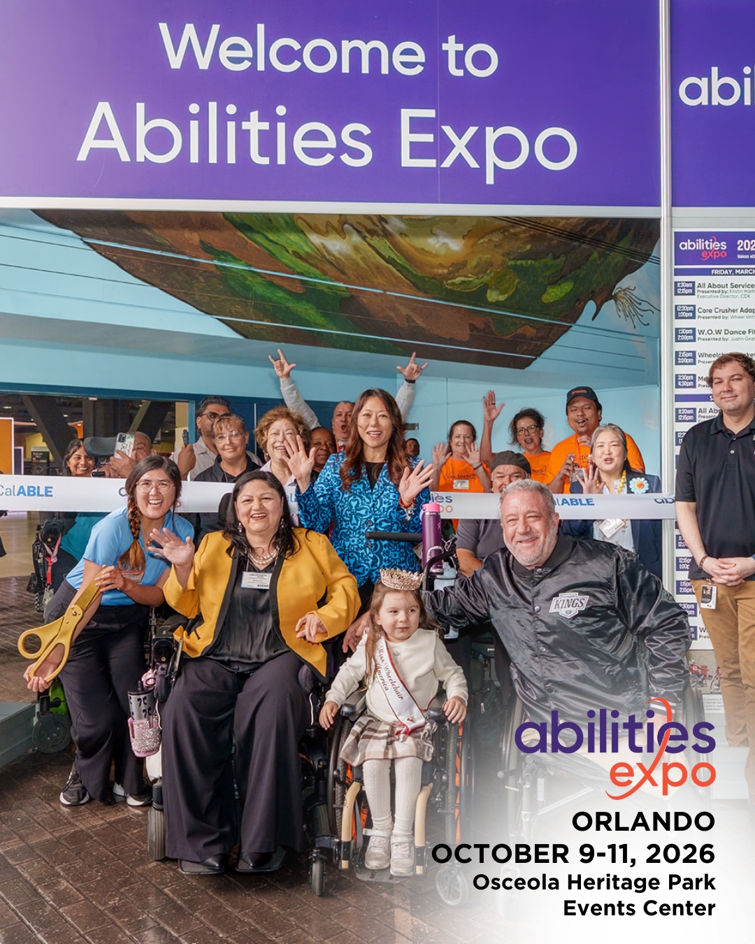 A group of Abilities Expo attendees pose under the welcome banner with Dave Stevens and Little Ms. Wheelchair America. The bottom right corner reads "abilities expo, Orlando, August 9-11, ORLANDO OCTOBER 9-11, 2026, Osceola Heritage Park Events Center."