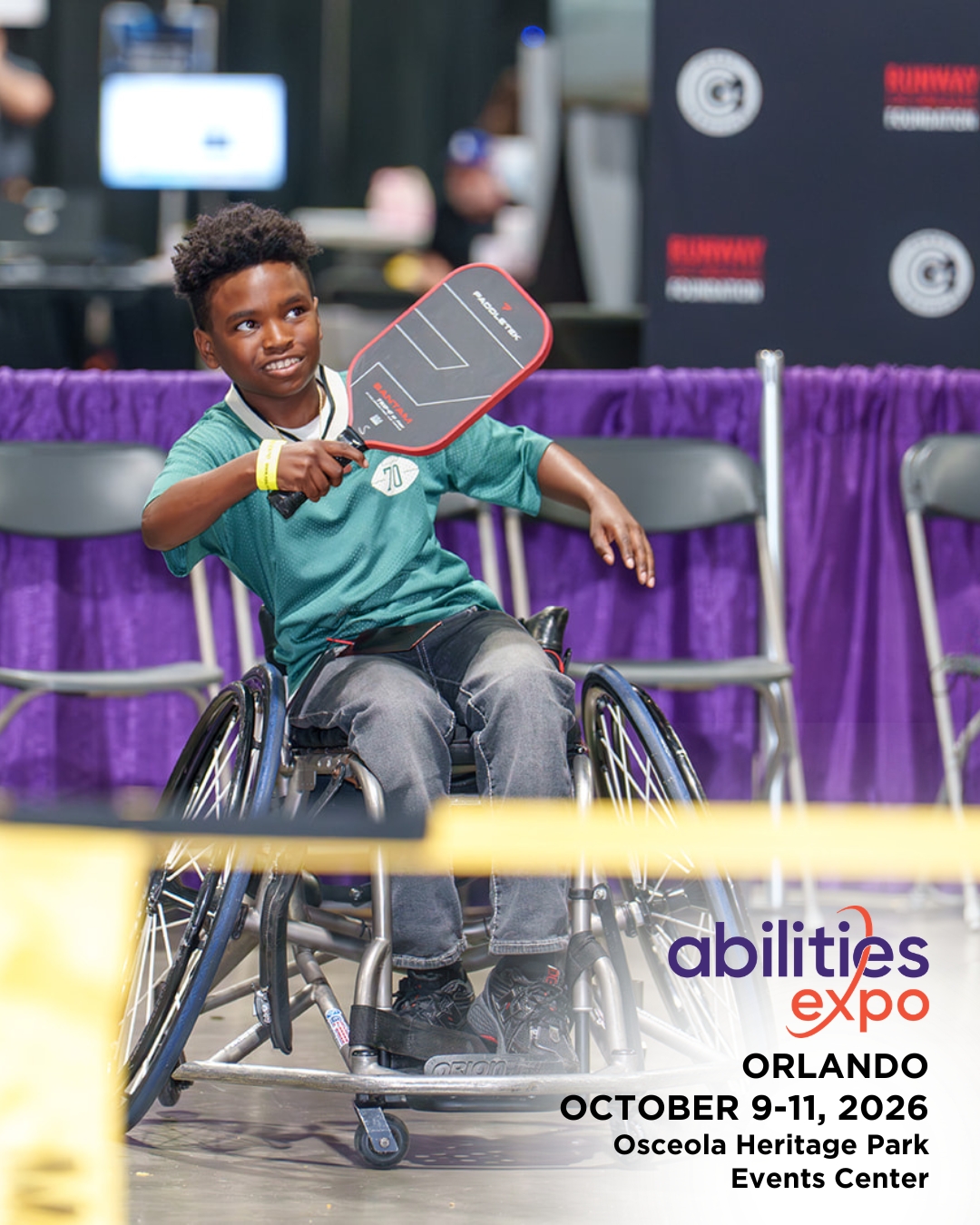 A young boy played adaptive pickleball. The bottom right corner reads "abilities expo, Orlando, August 9-11, ORLANDO OCTOBER 9-11, 2026, Osceola Heritage Park Events Center."
