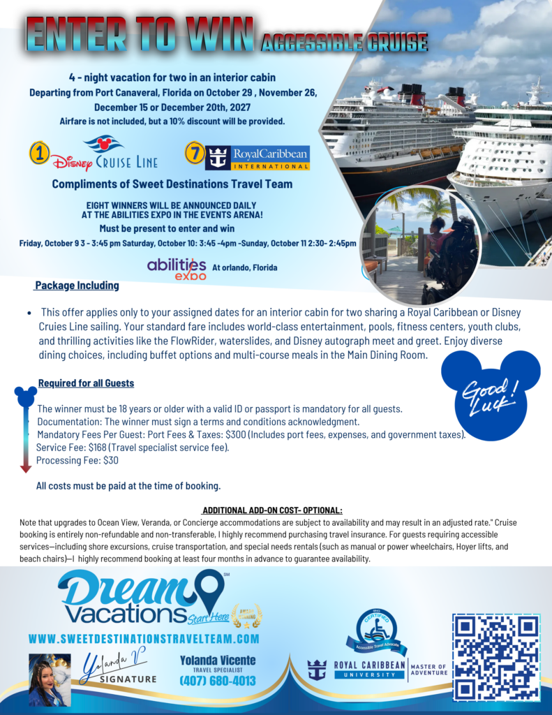 A flyer sharing the details of the 2026 Abilities Expo Orlando Accessible Cruise giveaway